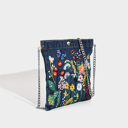 Embroidered Floral Denim Crossbody Bag - Butterfly & Wildflower Design, Chain Strap - Image 2