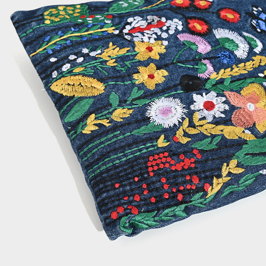 Embroidered Floral Denim Crossbody Bag - Butterfly & Wildflower Design, Chain Strap - Image 3
