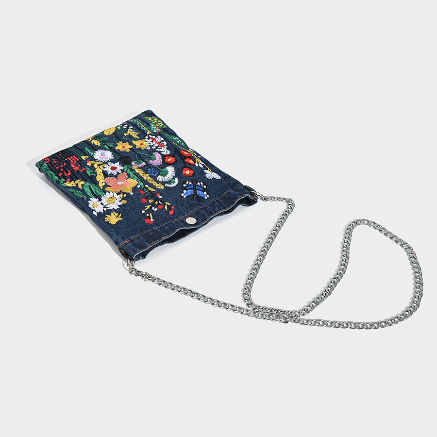 Embroidered Floral Denim Crossbody Bag - Butterfly & Wildflower Design, Chain Strap - Image 4