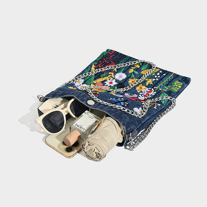Embroidered Floral Denim Crossbody Bag - Butterfly & Wildflower Design, Chain Strap - Image 5