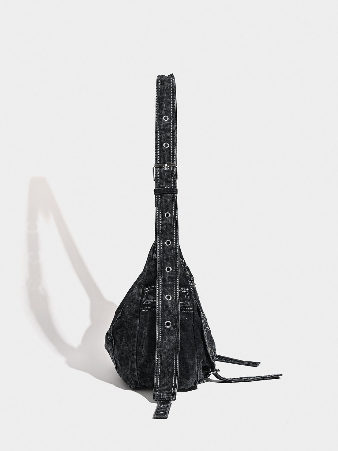 Distressed Black Denim Messenger Bag - Rivet Detail, Adjustable Strap, Large Streetwear Tote - Image 2