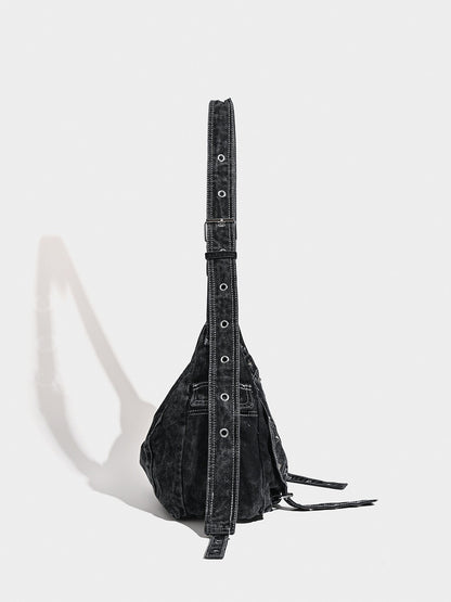 Distressed Black Denim Messenger Bag - Rivet Detail, Adjustable Strap, Large Streetwear Tote - Image 2