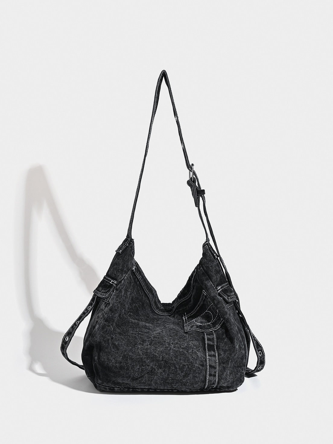 Distressed Black Denim Messenger Bag - Rivet Detail, Adjustable Strap, Large Streetwear Tote - Image 3