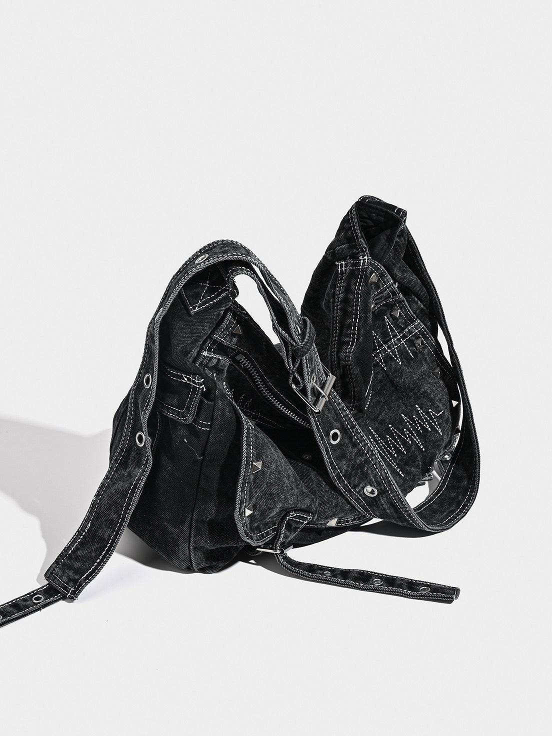Distressed Black Denim Messenger Bag - Rivet Detail, Adjustable Strap, Large Streetwear Tote - Image 4