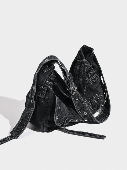 Distressed Black Denim Messenger Bag - Rivet Detail, Adjustable Strap, Large Streetwear Tote - Image 4