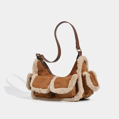 Faux Shearling Trim Suede Shoulder Bag - Multi-Pocket Y2K Retro Style - Image 2
