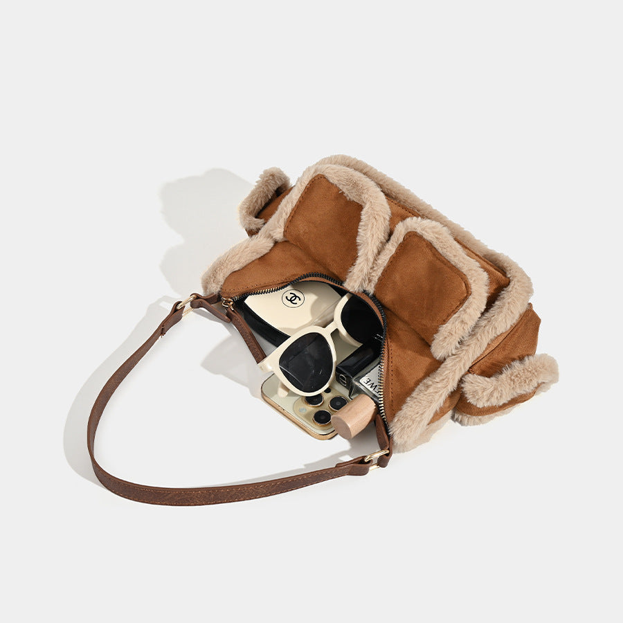 Faux Shearling Trim Suede Shoulder Bag - Multi-Pocket Y2K Retro Style - Image 3