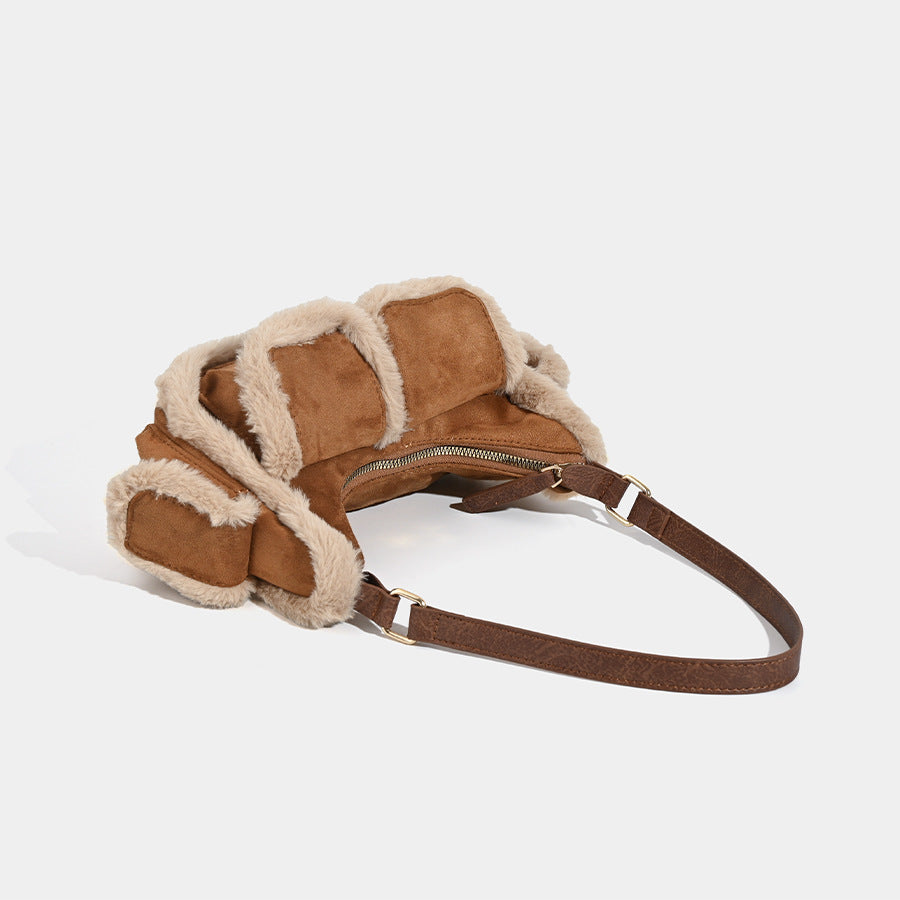 Faux Shearling Trim Suede Shoulder Bag - Multi-Pocket Y2K Retro Style - Image 4