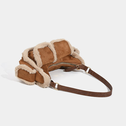 Faux Shearling Trim Suede Shoulder Bag - Multi-Pocket Y2K Retro Style - Image 4