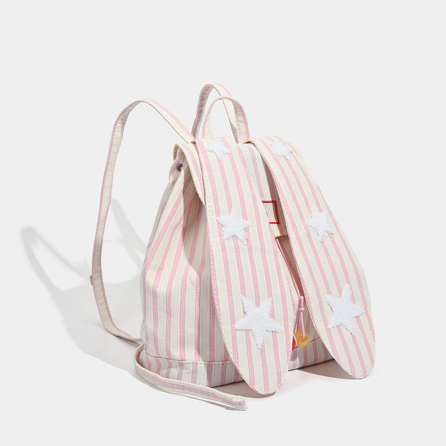Cute Pink Stripe Bunny Ear Backpack - Star Applique, Kawaii Student Bag - Image 2
