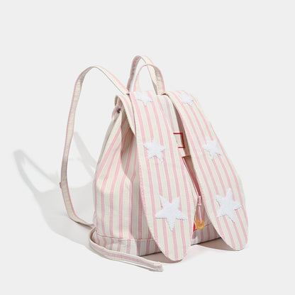 Cute Pink Stripe Bunny Ear Backpack - Star Applique, Kawaii Student Bag - Image 2