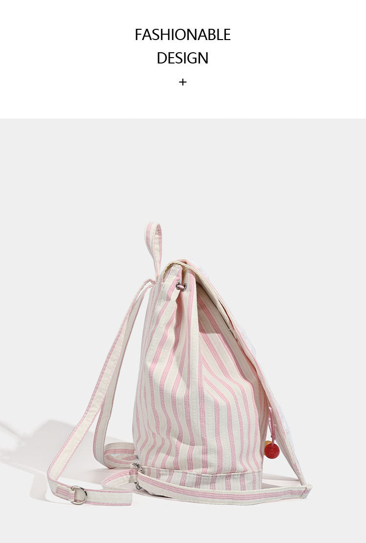 Cute Pink Stripe Bunny Ear Backpack - Star Applique, Kawaii Student Bag - Image 4