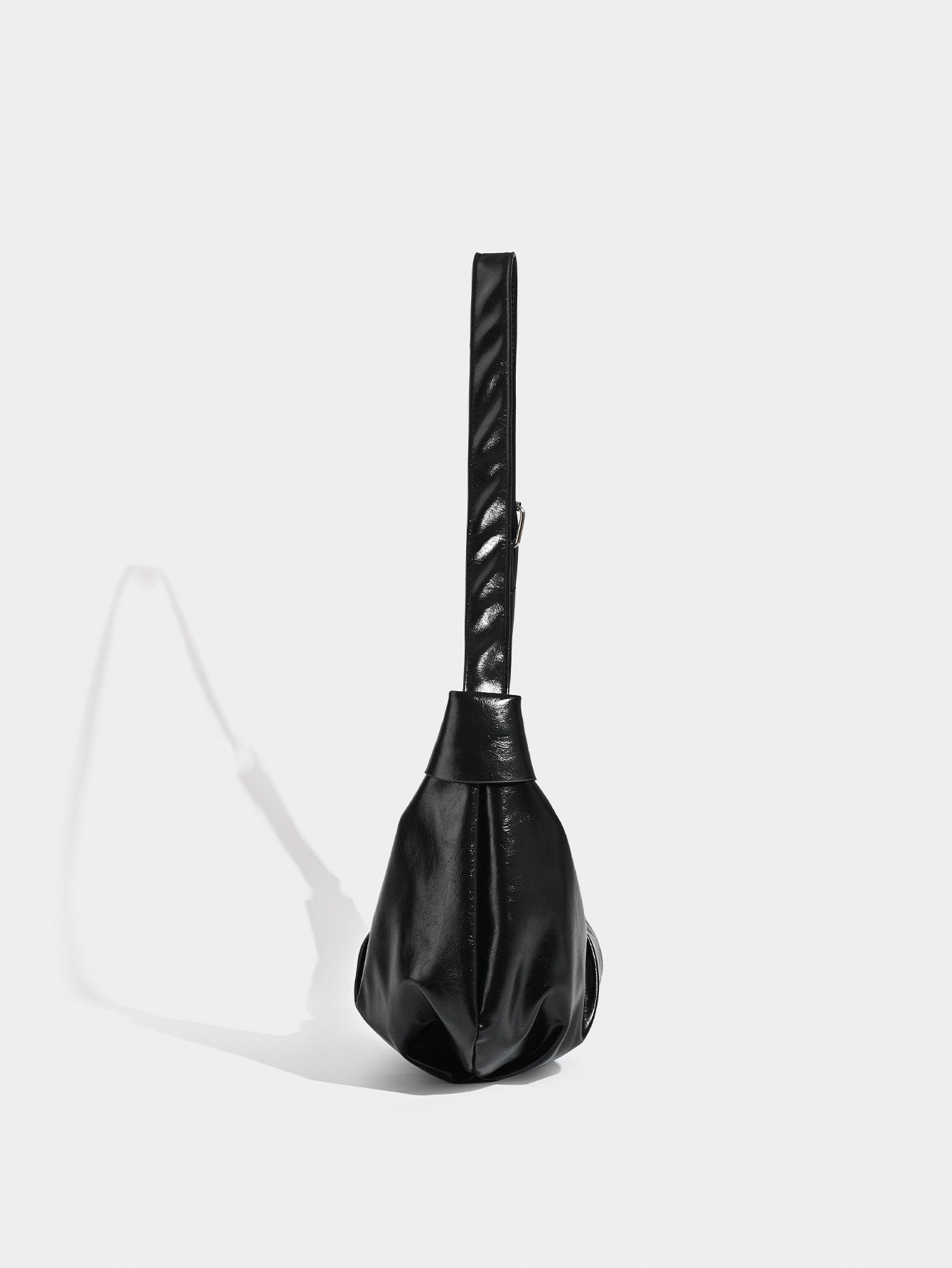 Chic Ruched Faux Leather Bag - Vintage Inspired Croissant Style, Black - Image 2