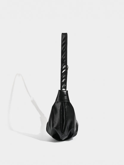 Chic Ruched Faux Leather Bag - Vintage Inspired Croissant Style, Black - Image 2