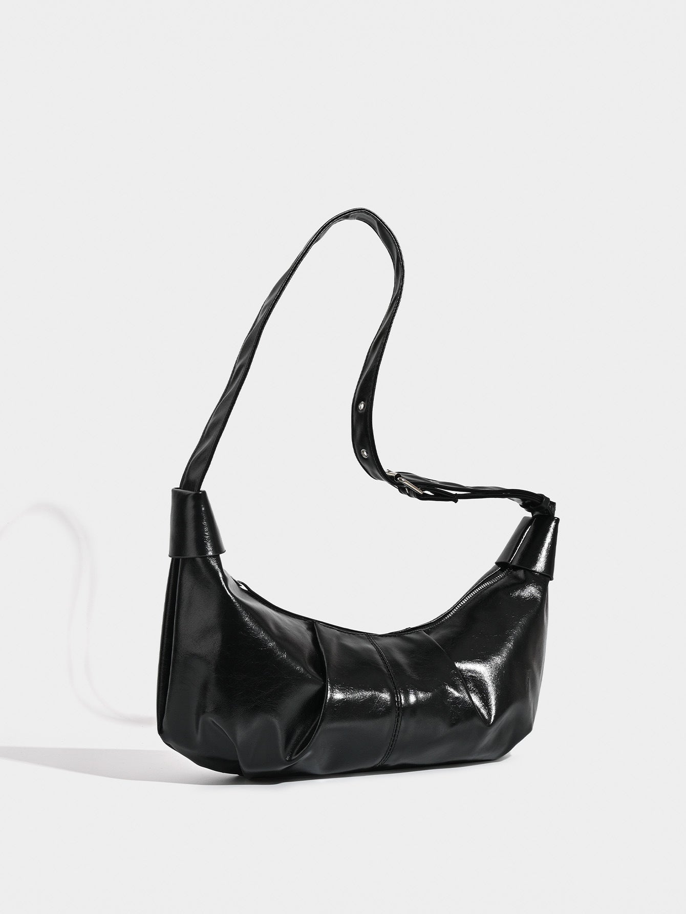 Chic Ruched Faux Leather Bag - Vintage Inspired Croissant Style, Black - Image 3