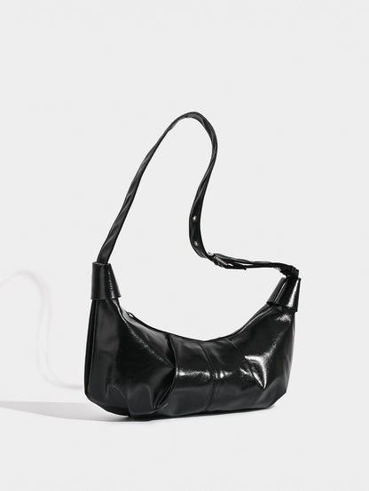 Chic Ruched Faux Leather Bag - Vintage Inspired Croissant Style, Black - Image 3