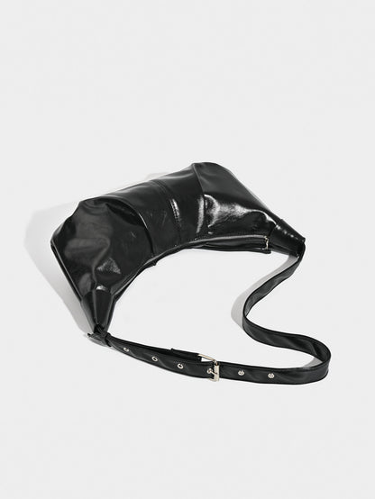 Chic Ruched Faux Leather Bag - Vintage Inspired Croissant Style, Black - Image 4