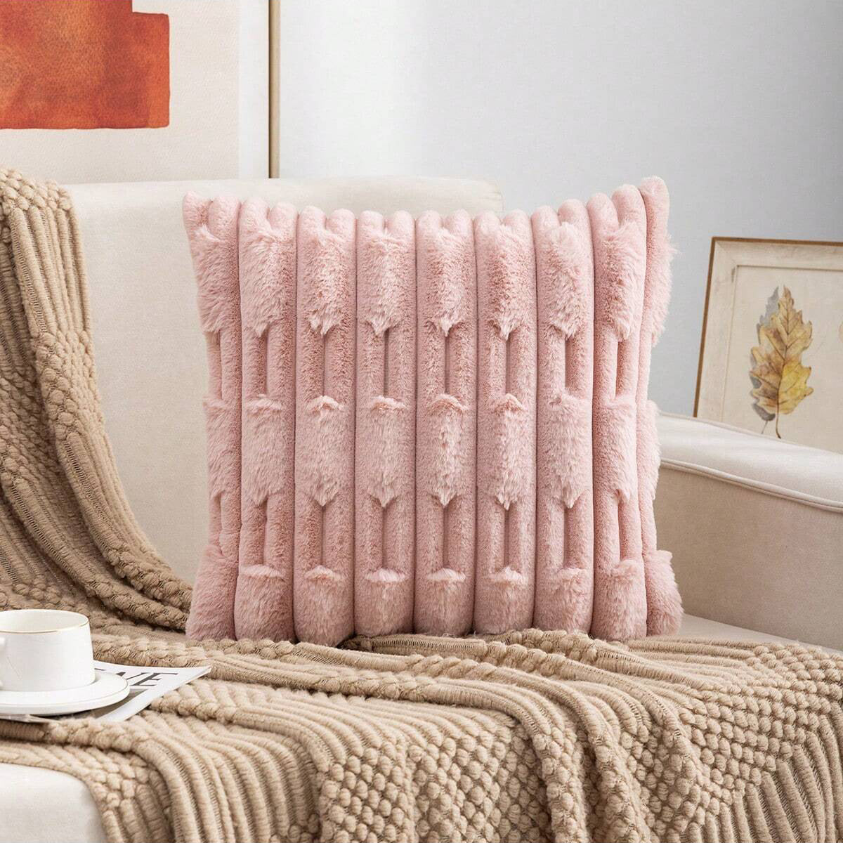 A pair of pink Plush Faux Rabbit Fur Throw Pillow Cover - Textured Wheat Ear Design (45x45cm) - Image 3