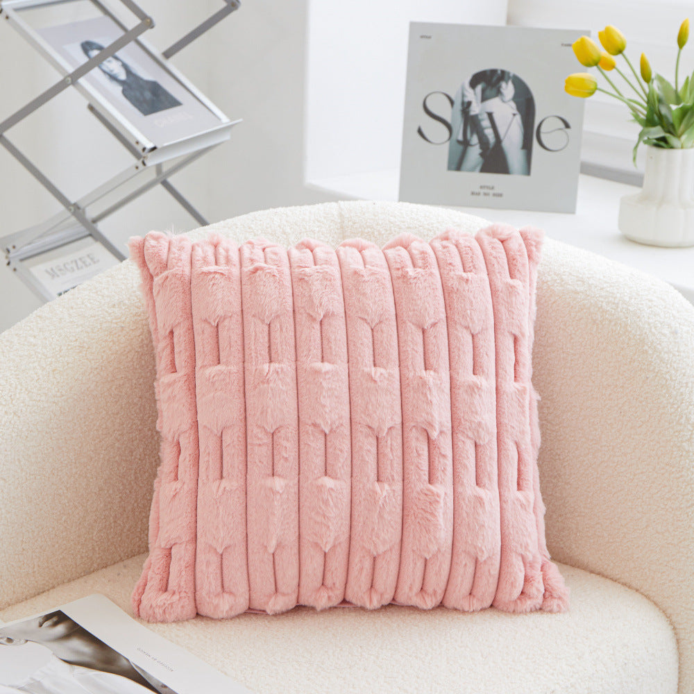 A pair of pink Plush Faux Rabbit Fur Throw Pillow Cover - Textured Wheat Ear Design (45x45cm) - Image 4