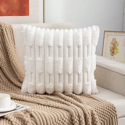 A pair of White Plush Faux Rabbit Fur Throw Pillow Cover - Textured Wheat Ear Design (45x45cm) - Image 2