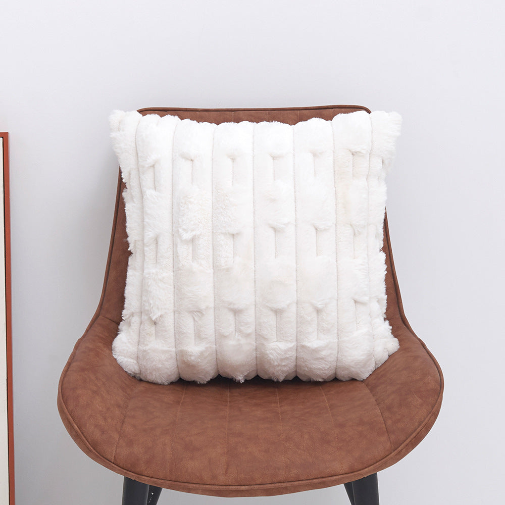 A pair of White Plush Faux Rabbit Fur Throw Pillow Cover - Textured Wheat Ear Design (45x45cm) - Image 3