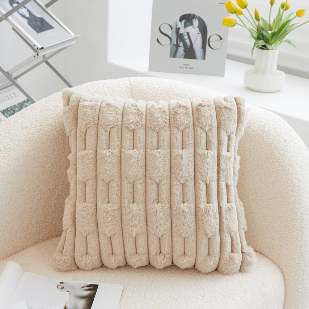 A pair of Khaki Plush Faux Rabbit Fur Throw Pillow Cover - Textured Wheat Ear Design (45x45cm) - Image 2