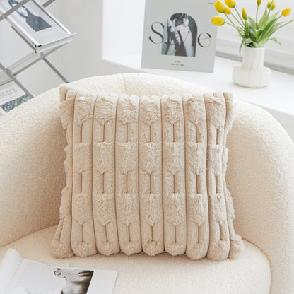 A pair of Khaki Plush Faux Rabbit Fur Throw Pillow Cover - Textured Wheat Ear Design (45x45cm) - Image 2