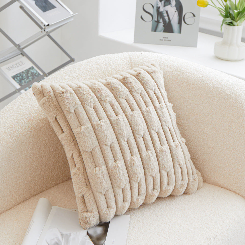 A pair of Khaki Plush Faux Rabbit Fur Throw Pillow Cover - Textured Wheat Ear Design (45x45cm) - Image 3