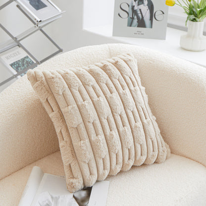 A pair of Khaki Plush Faux Rabbit Fur Throw Pillow Cover - Textured Wheat Ear Design (45x45cm) - Image 3