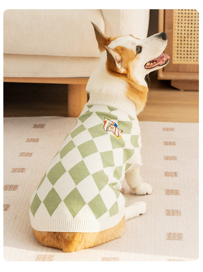 Classic Argyle Dog Sweater - Green & White Knit for Corgis & Medium Breeds (Size : L)