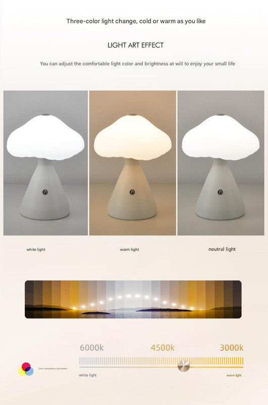 Woodgrain color Mushroom LED Table Lamp - Rechargeable, 3-Color Touch Dimmable, USB-C - Image 3