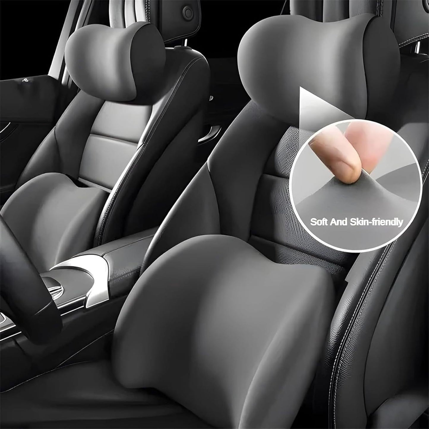 Grey Ergonomic Memory Foam Car Headrest & Lumbar Support Cushion Set - Driving Comfort Neck & Back Pillow - Image 8
