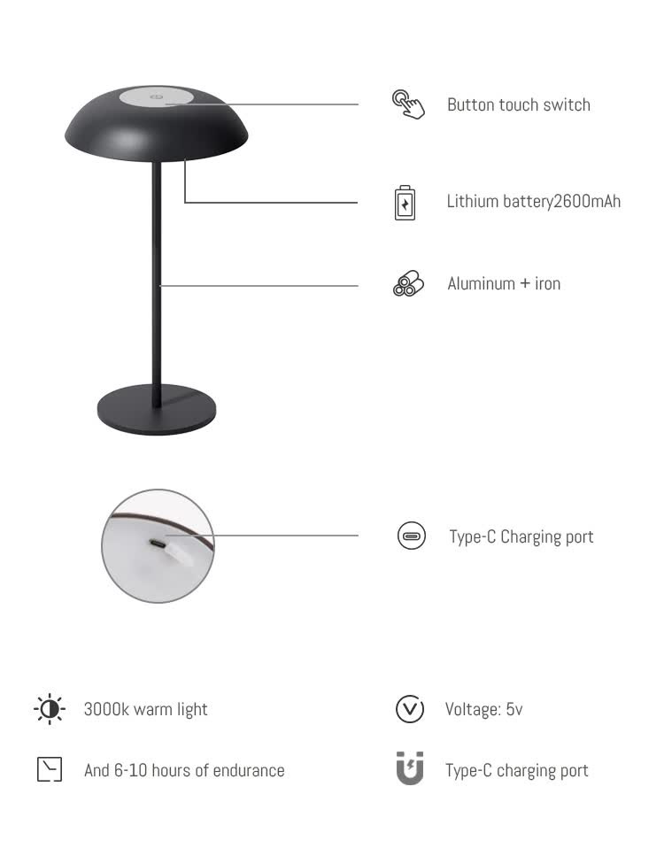 White Minimalist Rechargeable LED Touch Table Lamp - 3-Color Stepless Dimming Metal Desk Light - Image 5