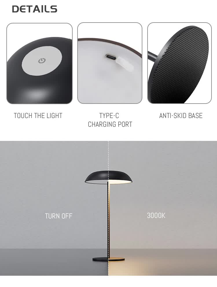 Brown Minimalist Rechargeable LED Touch Table Lamp - 3-Color Stepless Dimming Metal Desk Light - Image 4