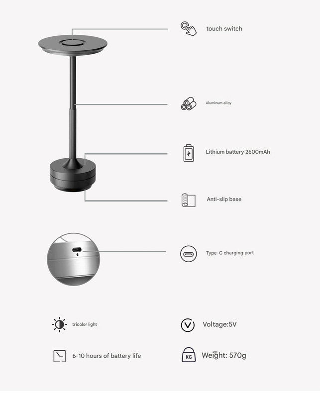 Gold Elegant Aluminum Alloy Rechargeable LED Touch Lamp - 3-Color Dimmable Cordless Table Light - Image 6