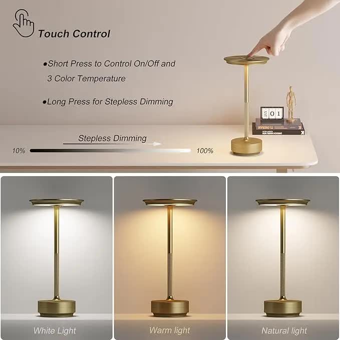 Silver Elegant Aluminum Alloy Rechargeable LED Touch Lamp - 3-Color Dimmable Cordless Table Light - Image 3