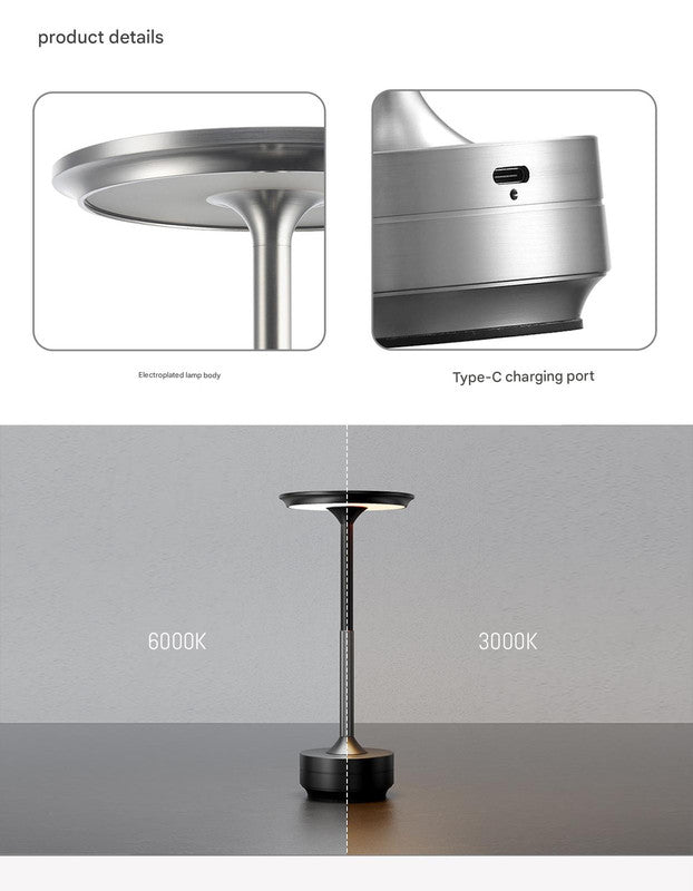 Silver Elegant Aluminum Alloy Rechargeable LED Touch Lamp - 3-Color Dimmable Cordless Table Light - Image 5