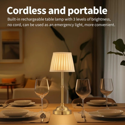 Gold and White Elegant Rechargeable Fabric Shade LED Lamp - Cordless Touch Stepless Dimmable Table Light - Image 2