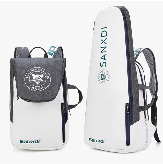 Grey and White Multifunctional Tennis & Badminton Backpack - Waterproof Racket Bag with Shoe Compartment