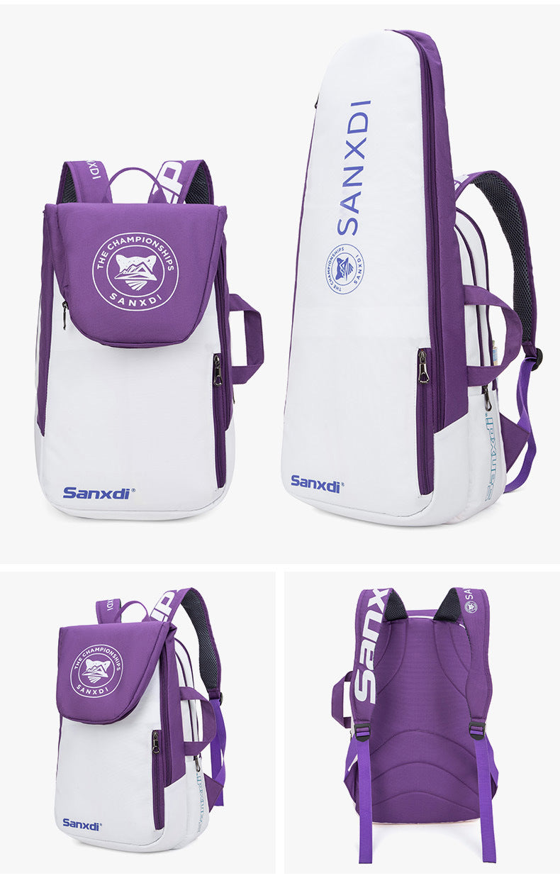 Purple and White Multifunctional Tennis & Badminton Backpack - Waterproof Racket Bag with Shoe Compartment - Image 2