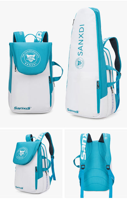 Blue and White Multifunctional Tennis & Badminton Backpack - Waterproof Racket Bag with Shoe Compartment - Image 2