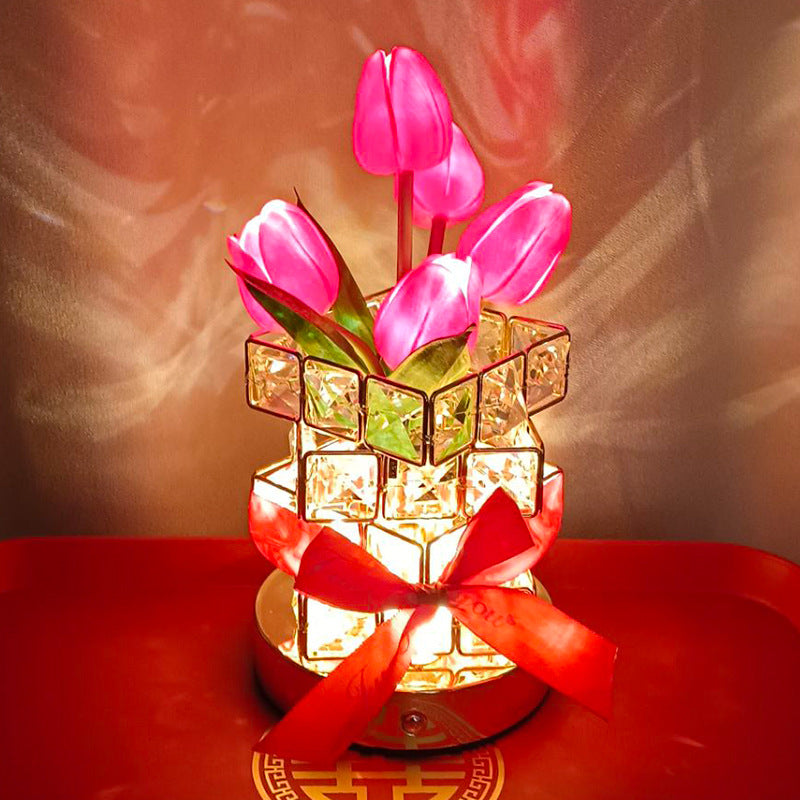 Red Elegant Crystal Tulip LED Night Light - Rechargeable Touch Lamp with 3 Colors & Dimming - Image 3