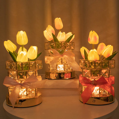 Pink Elegant Crystal Tulip LED Night Light - Rechargeable Touch Lamp with 3 Colors & Dimming - Image 2