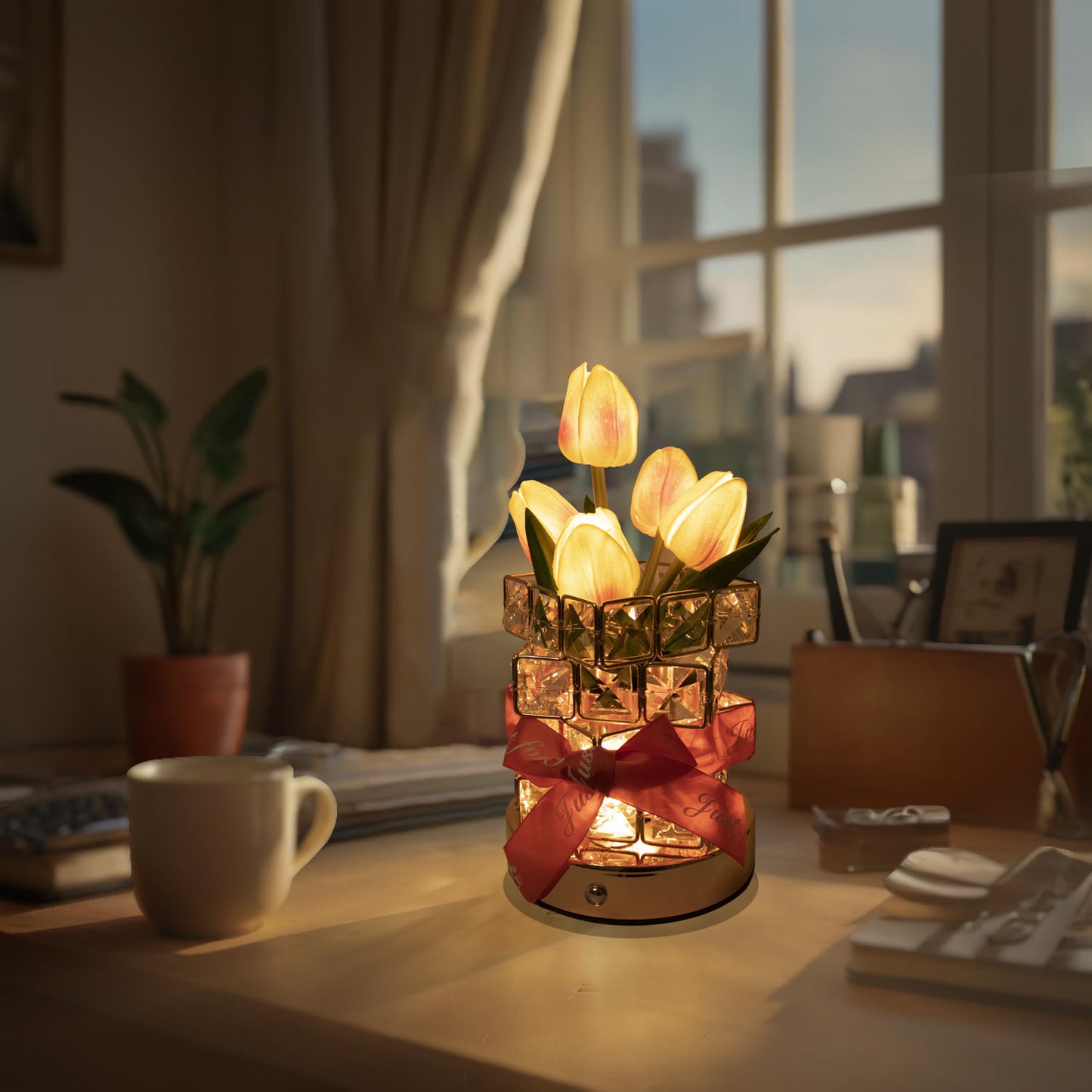 Pink Elegant Crystal Tulip LED Night Light - Rechargeable Touch Lamp with 3 Colors & Dimming - Image 7