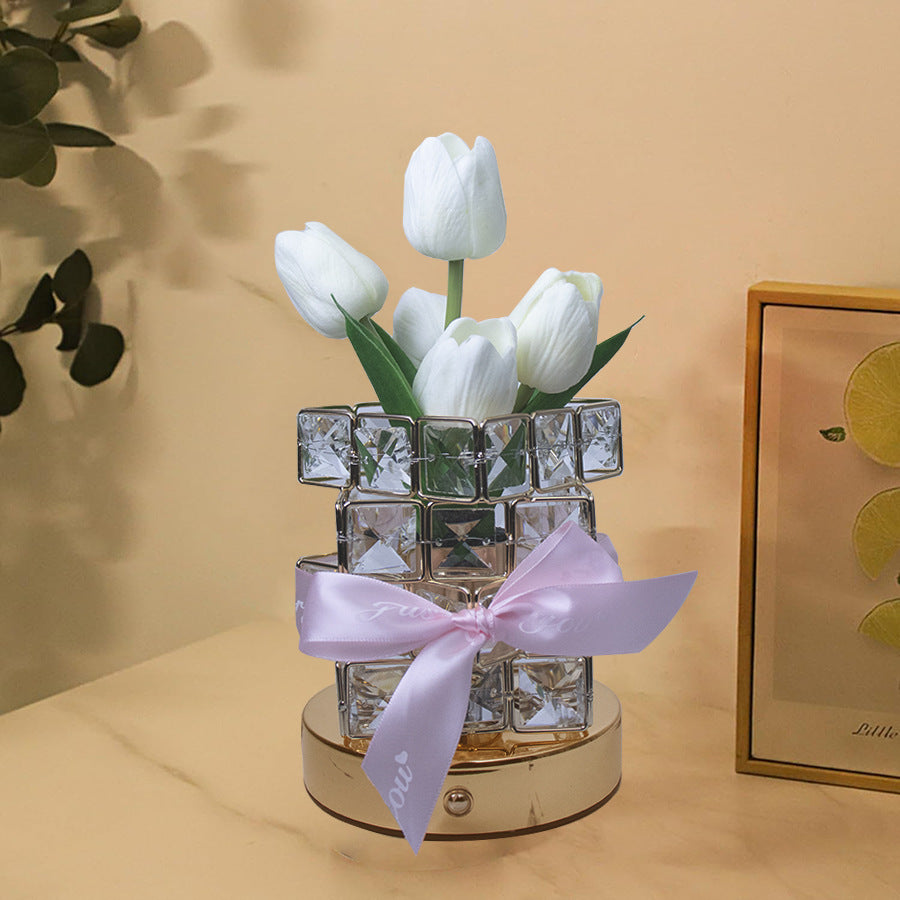 Pink Elegant Crystal Tulip LED Night Light - Rechargeable Touch Lamp with 3 Colors & Dimming - Image 8