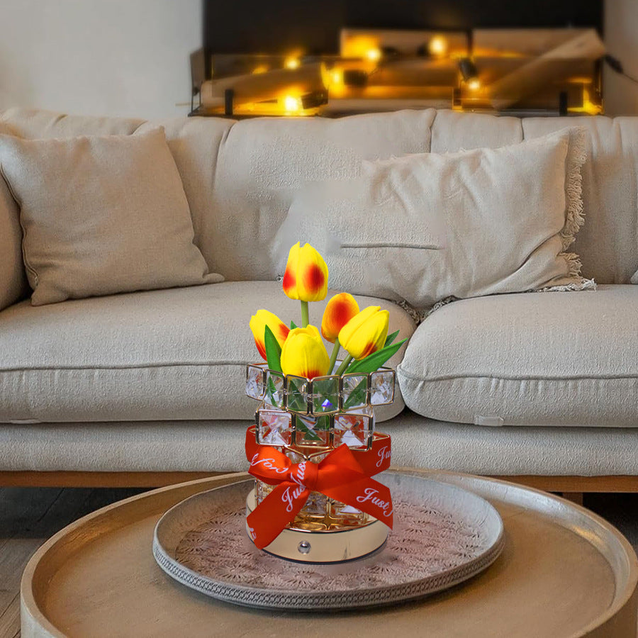 Yellow Elegant Crystal Tulip LED Night Light - Rechargeable Touch Lamp with 3 Colors & Dimming