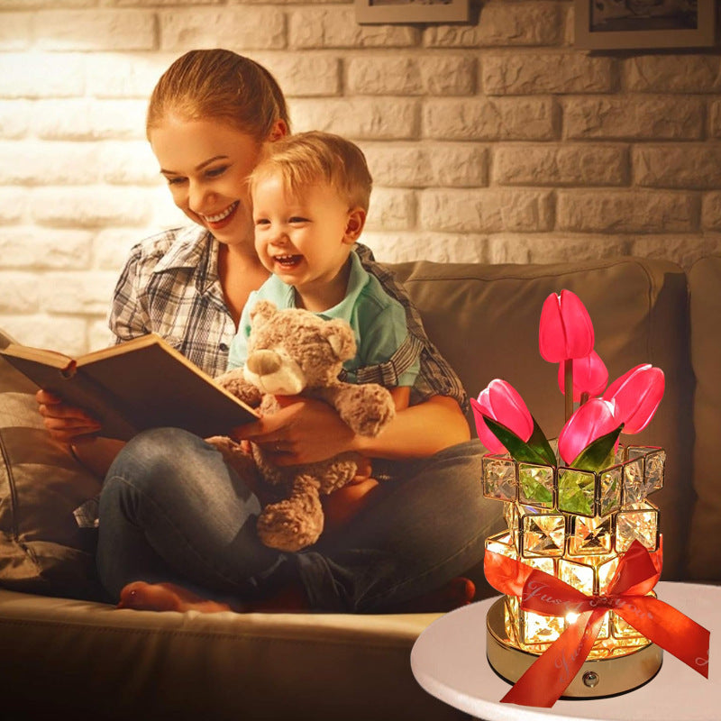 White Elegant Crystal Tulip LED Night Light - Rechargeable Touch Lamp with 3 Colors & Dimming - Image 6