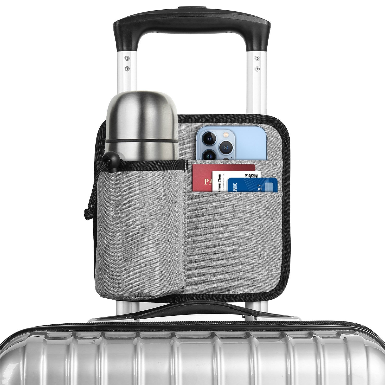 2 Pcs Grey Hands-Free Luggage Handle Travel Cup Holder & Organizer Pouch - Image 2