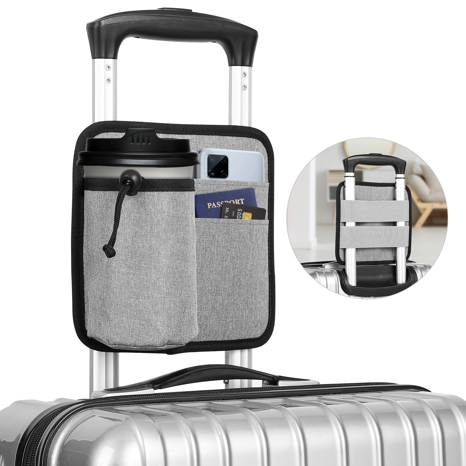 2 Pcs Grey Hands-Free Luggage Handle Travel Cup Holder & Organizer Pouch - Image 3