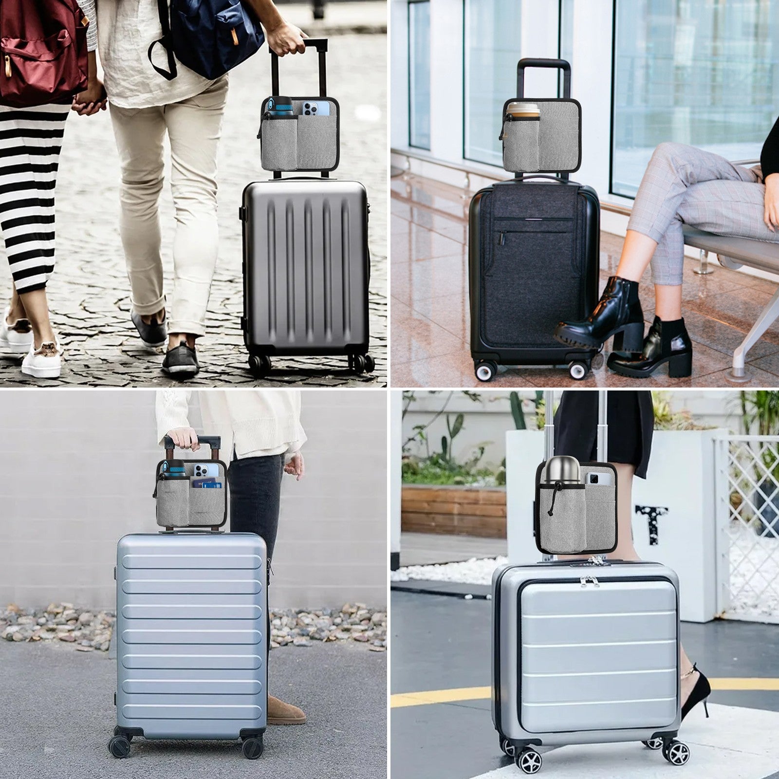 2 Pcs Grey Hands-Free Luggage Handle Travel Cup Holder & Organizer Pouch - Image 6